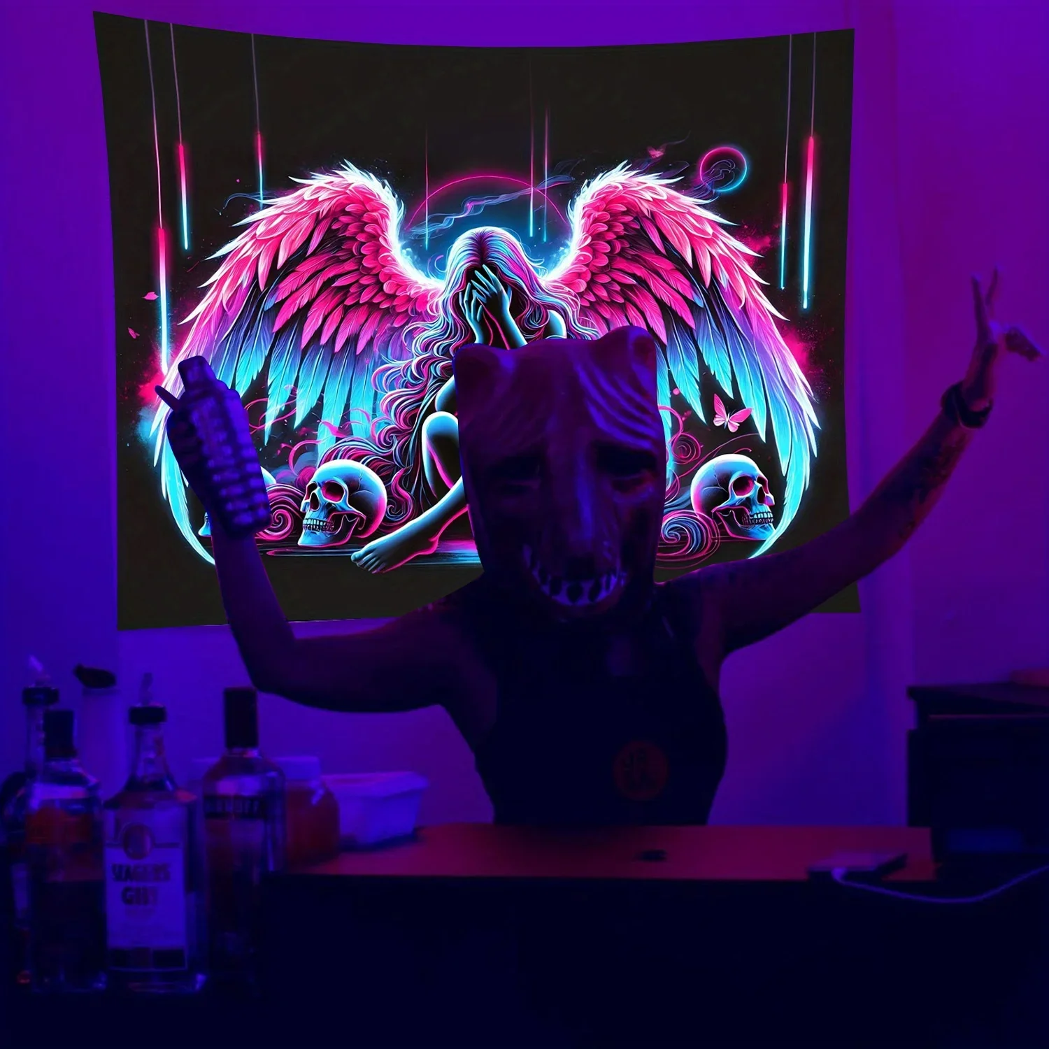 UV Reflective Neon Tapestry Pink Wings Evil Angel Home Bar and Outdoor Decoration Fantasy Pattern Suitable for Living Room
