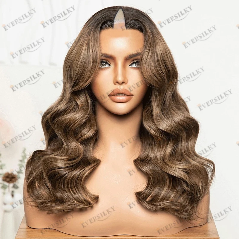 Eversilky Highlight Bayalage Brown Blonde Body Wave Human Hair Wigs for Black Women Glueless Light Brown Opening V Part Wigs