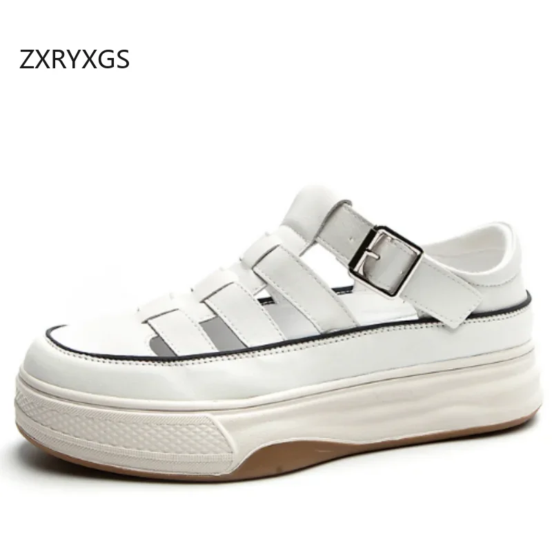 

ZXRYXGS 2025 Summer Genuine Leather Hollow White Sandals Flat Platform Sandals Increase Shoes Woman Comfortable Sneakers Sandals