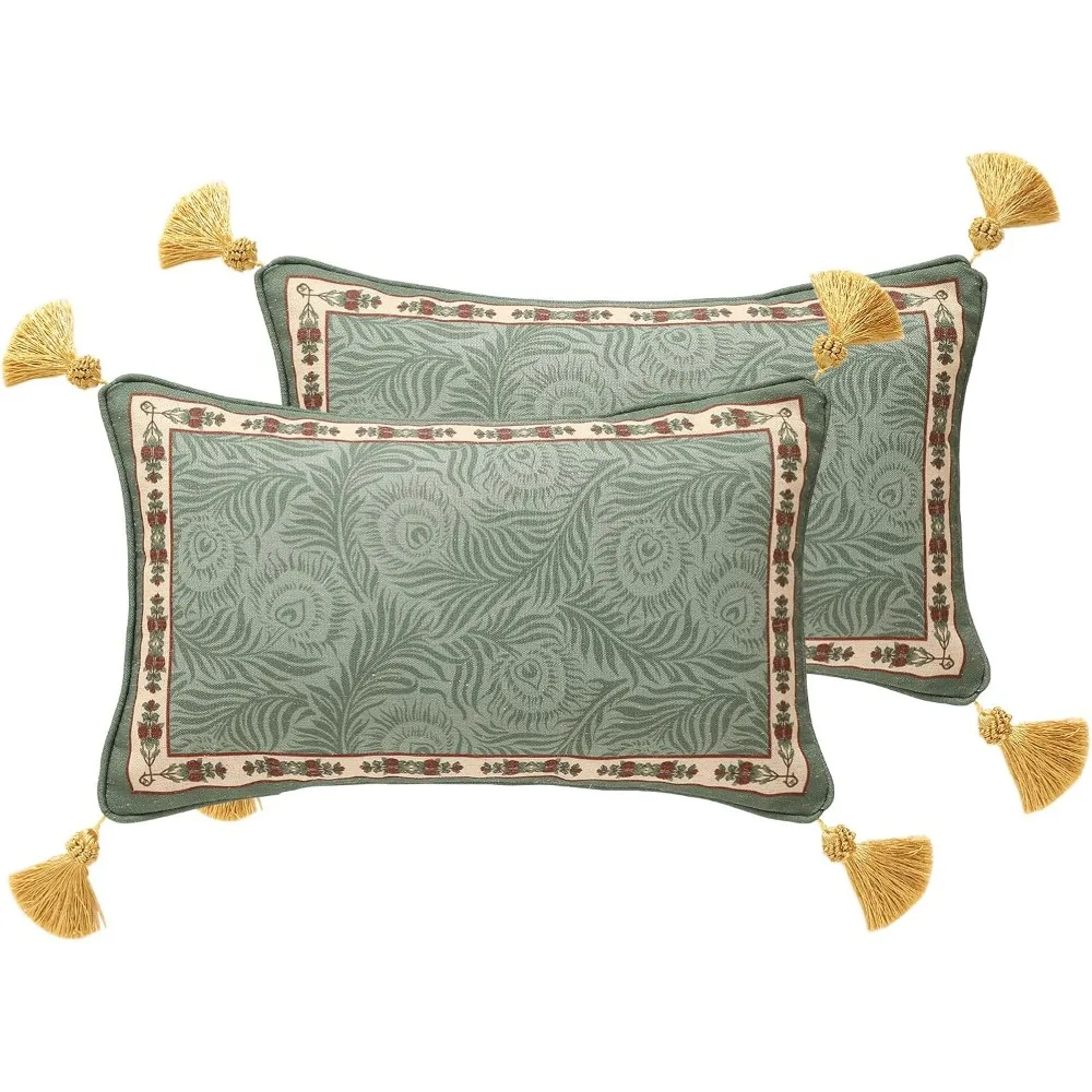

Elegant French Green Linen Pillow Covers Set of 2, Featuring Curly Grass and Floral Embroidery for Decorative Accents
