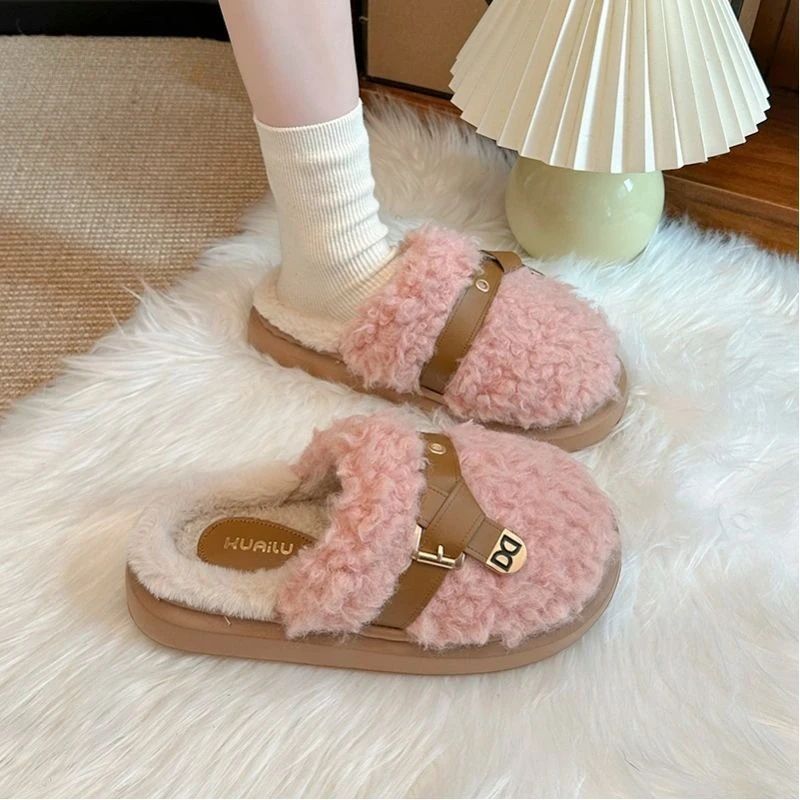 

Women Fluffy Slippers Fashion Buckle Design House Shoes Artificial Plush Eva Lightweight Winter Woman Non-Slip Home Slippers