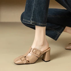 Women's New Square Headed Spring/Summer Genuine Leather Metal Belt Buckle Large Heel Baotou Muller Slippers