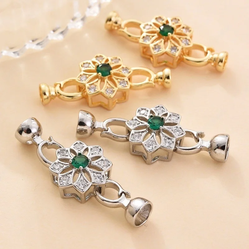 1Pcs DIY Jewellery Making Connector Petal Green Zirconium Pearl Clasp Fastening Lock For Necklace Bracelet NeedleworkAccessories