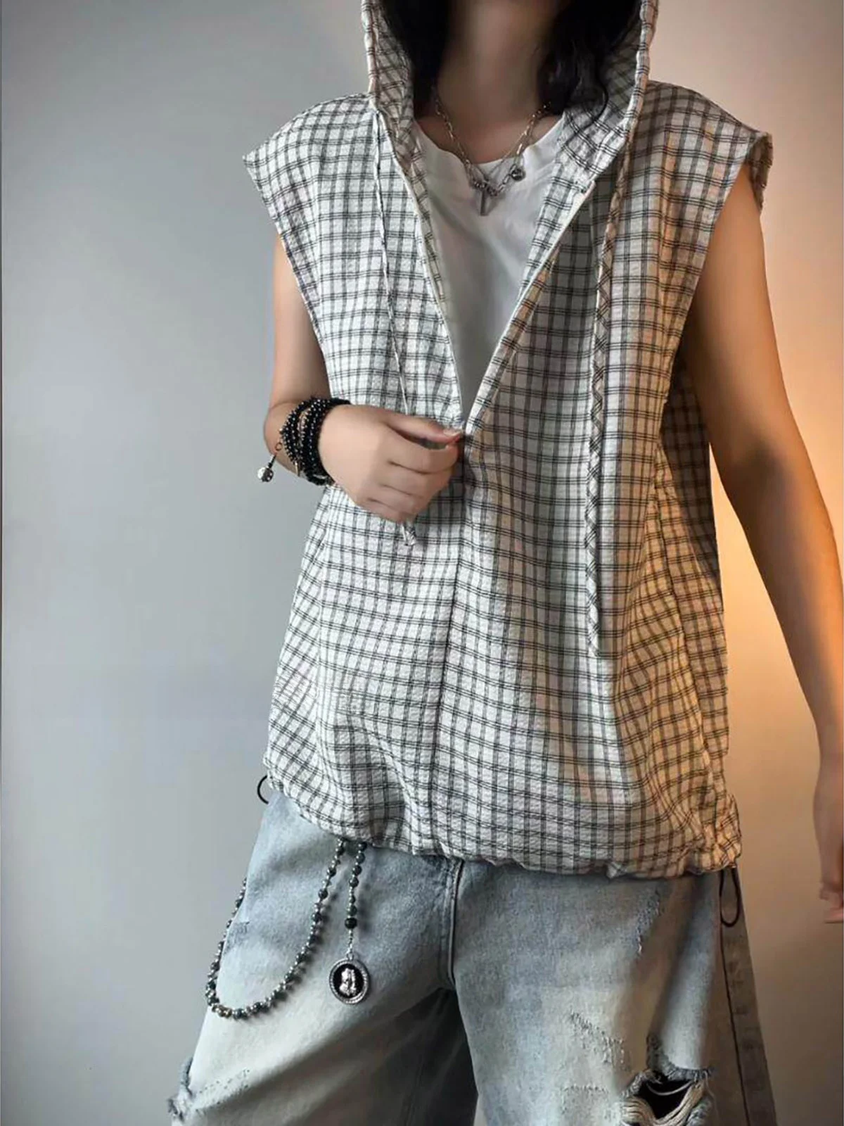 Men's Summer Sport Style Half Zipper Plaid Hoodie Vest Sleeveless T-Shirt Sweatshirt Shoulder Pad Regular Fit Online Exclusive