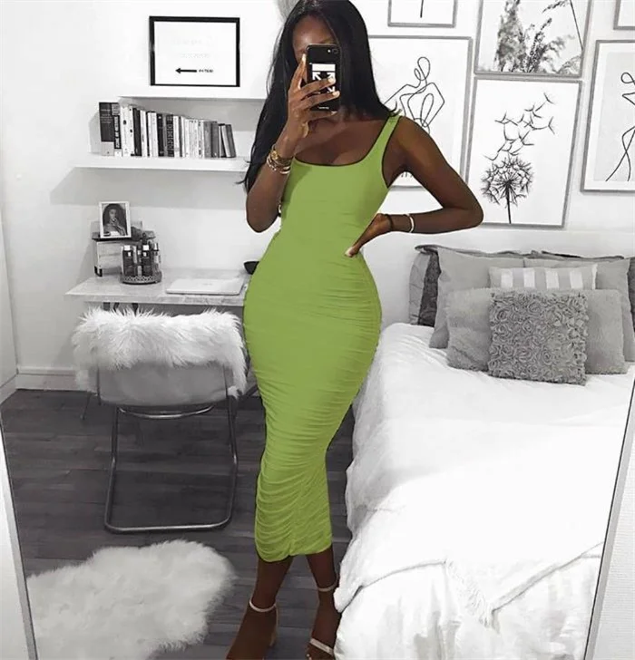 فستان نسائي ميدي بخصر عالٍ بتصميم عصري جذاب، فستان سهرة بدون أكمام بلون واحد، موضة ربيعية، قطعة واحدة، مادة 00%