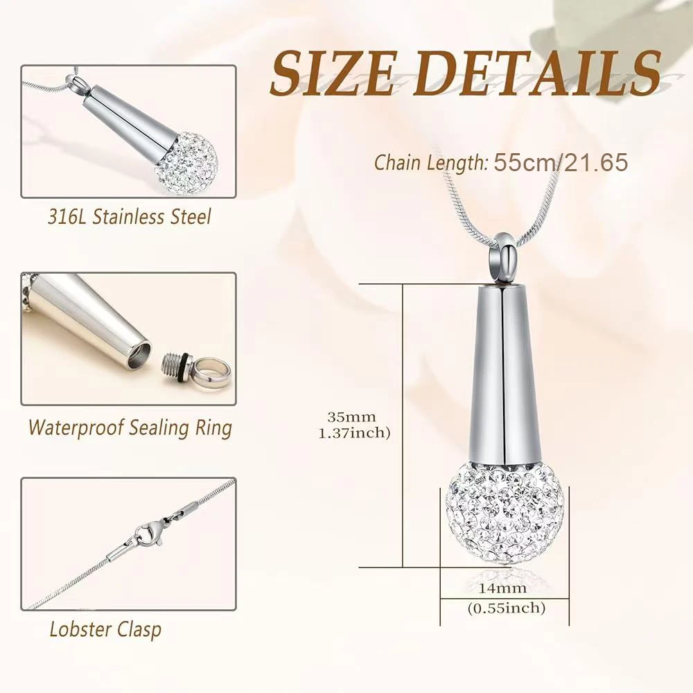 Microphone Urn Necklace for Ashes Stainless Steel Crystal Keepsake Memorial Cremation Jewelry for Ashes Pendant Locket
