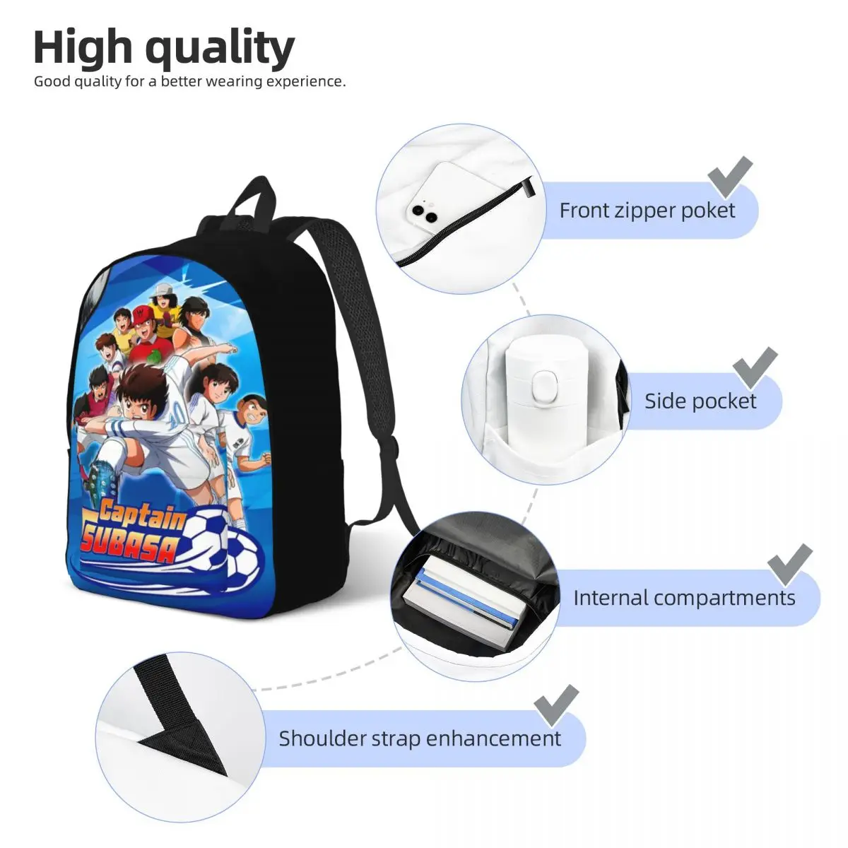 Captain Tsubasa  Football Team Backpack for Men Women Cool High School Business Daypack Anime Laptop Canvas Bags Durable