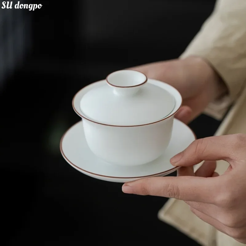 Matte Finish Fat White Gaiwan / Fair Cup /tea Strainer / Small Cups Ceramic Teacup Chinese Kungfu Water Chestnut Cover Bowl
