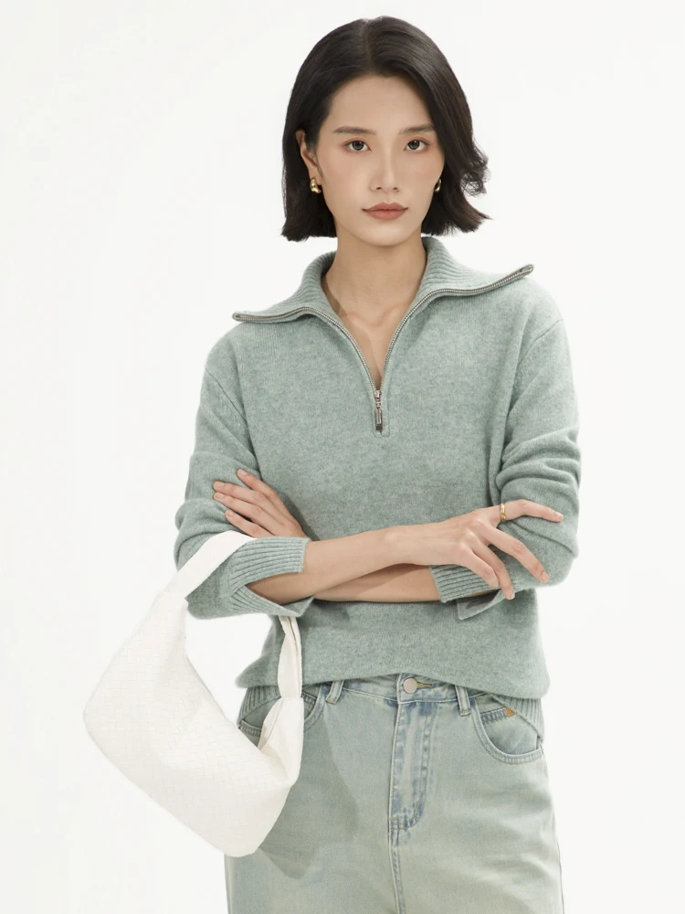 

High End Women 100%Cashmere Sweater Half Zipper Turn-Down Collar Pullover Basic Style Cashmere Knitwear Autumn Winter Tops