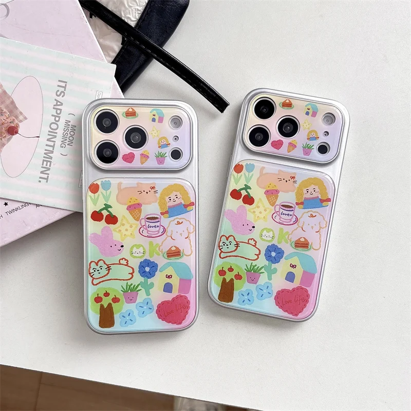 

Kawaii Colorful Doodle Print Gradient Phone Case For iPhone 15 16 17 Pro Max INS Cute Cottagecore Style Large Window Shockproof