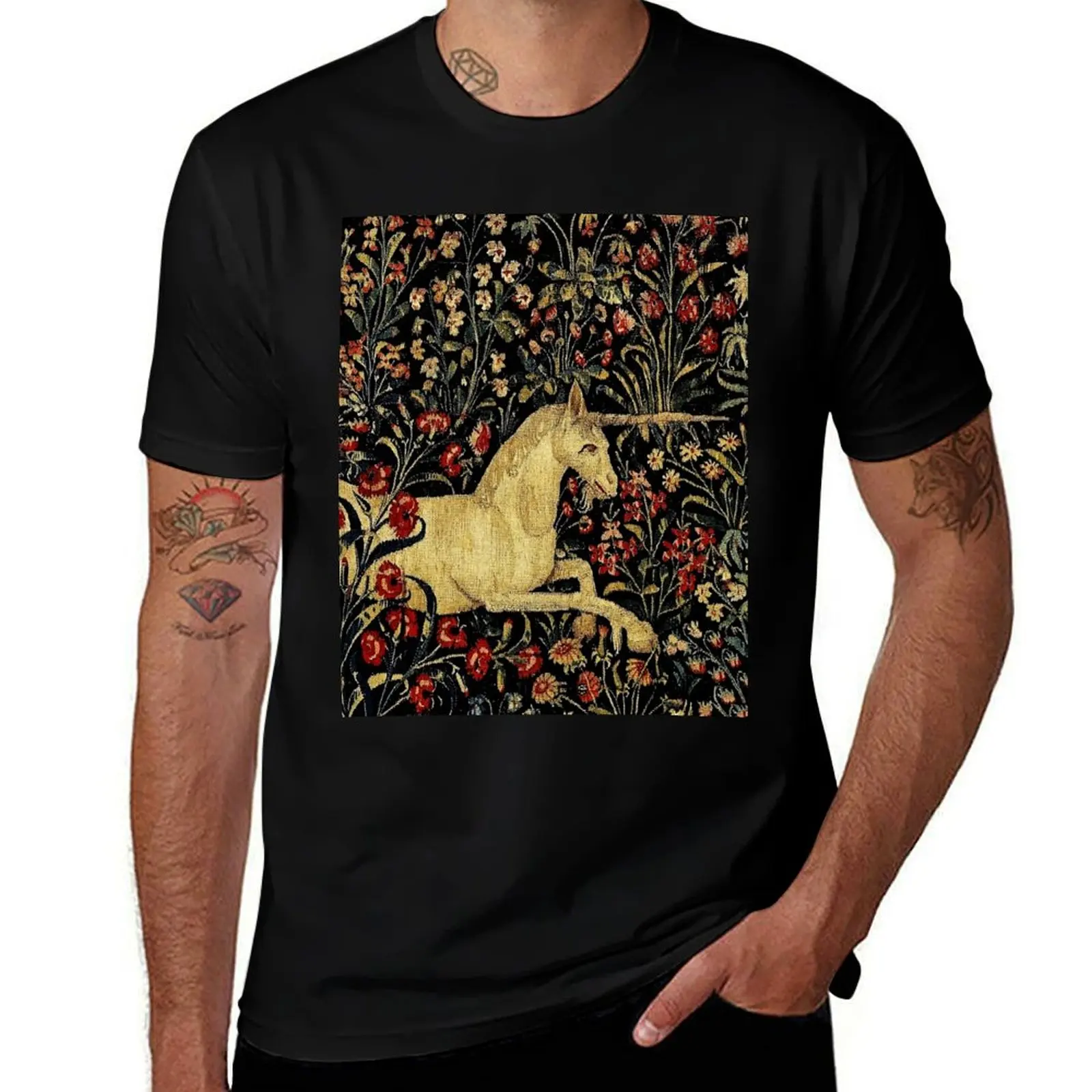 

Medieval Unicorn Midnight Floral Tapestry T-Shirt oversized graphic tee quick-drying mens graphic t-shirts anime