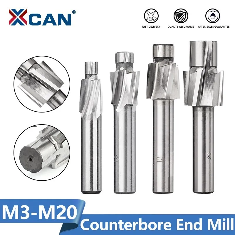 XCAN 1pc HSS Counterbore frez trzpieniowy M3.2-M20 4 flet Pilot dłutowanie Bit Counterbore Mill frezowanie nóż do drewna/wiercenie metali