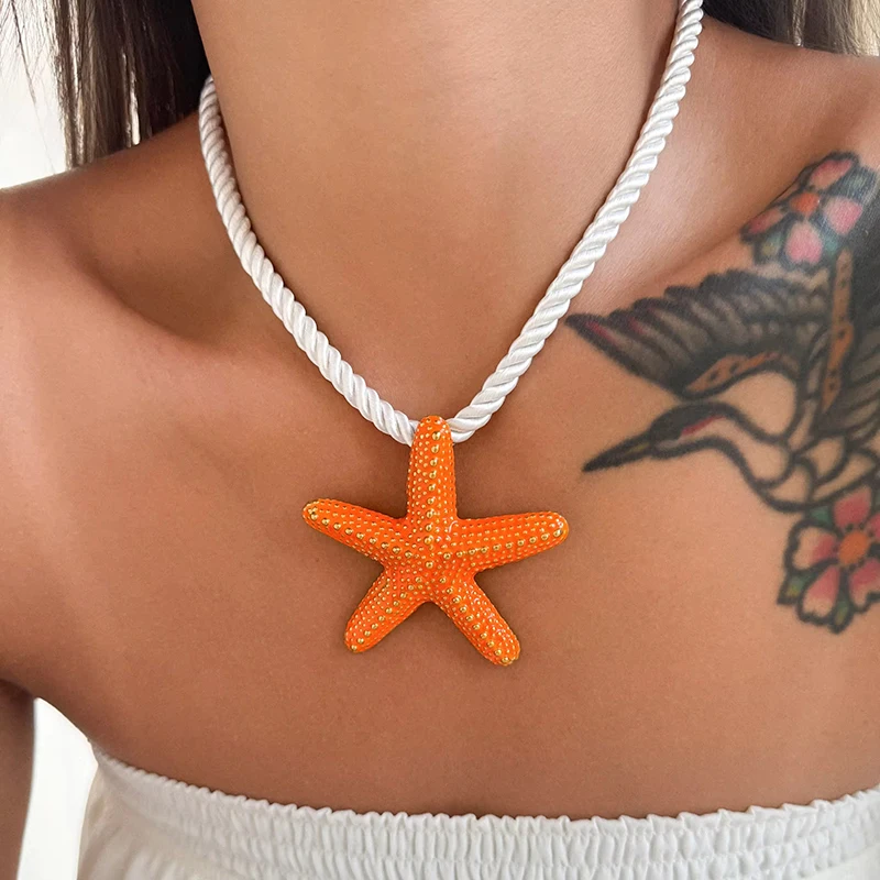 قلادات على شكل نجم البحر من حبل أبيض للنساء من الفولاذ المقاوم للصدأ، مجوهرات صيفية لقضاء العطلات على الشاطئ مقاومة للماء #2
