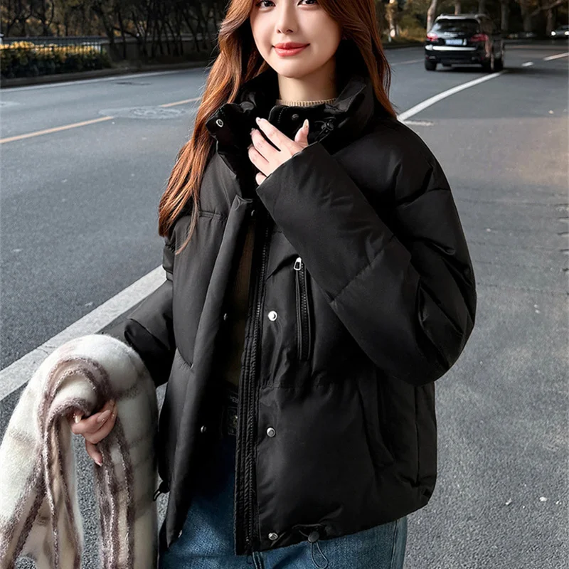 2025 streetwear jaqueta feminina curto algodão-acolchoado roupas de inverno parkas gola alta casacos soltos senhora casual outerwear