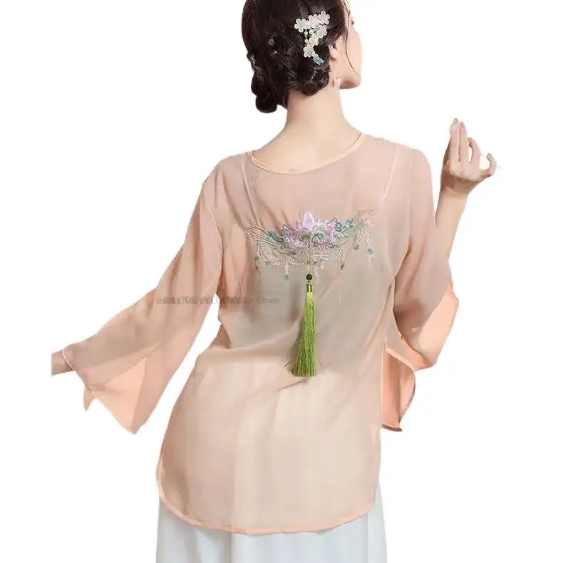 Haut en mousseline de soie traditionnelle chinoise pour femmes, cardigan de danse folklorique, chemisier Cheongsam chinois des Prairies, chemise Hanfu brodée en Y