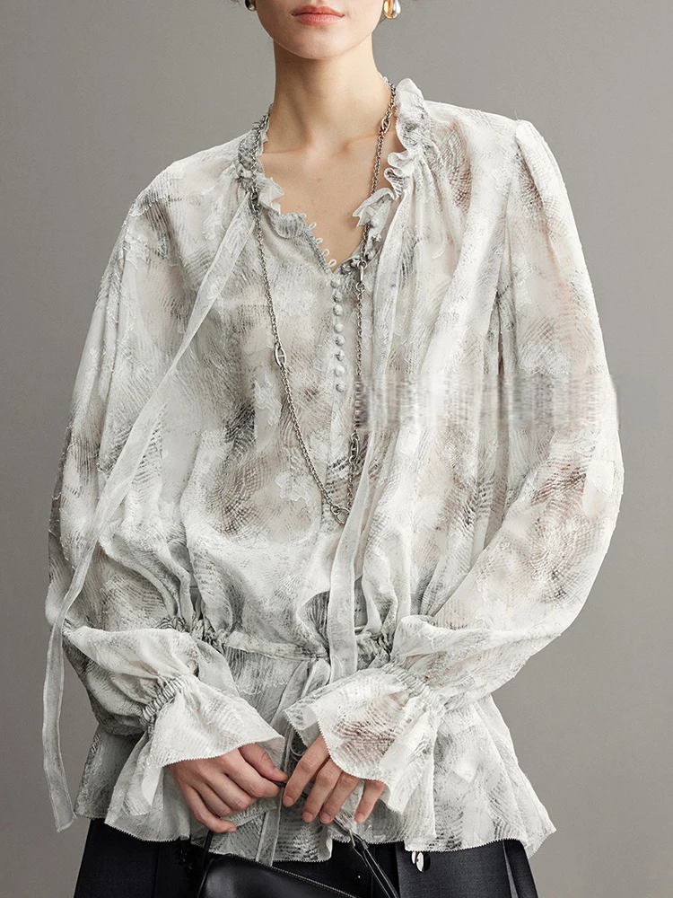 YERMORA White Printed Drawstring Ribbon Blouse For Women V-Neck Long Sleeve Loose New Shirt Fashion Tide Spring Summer 2026