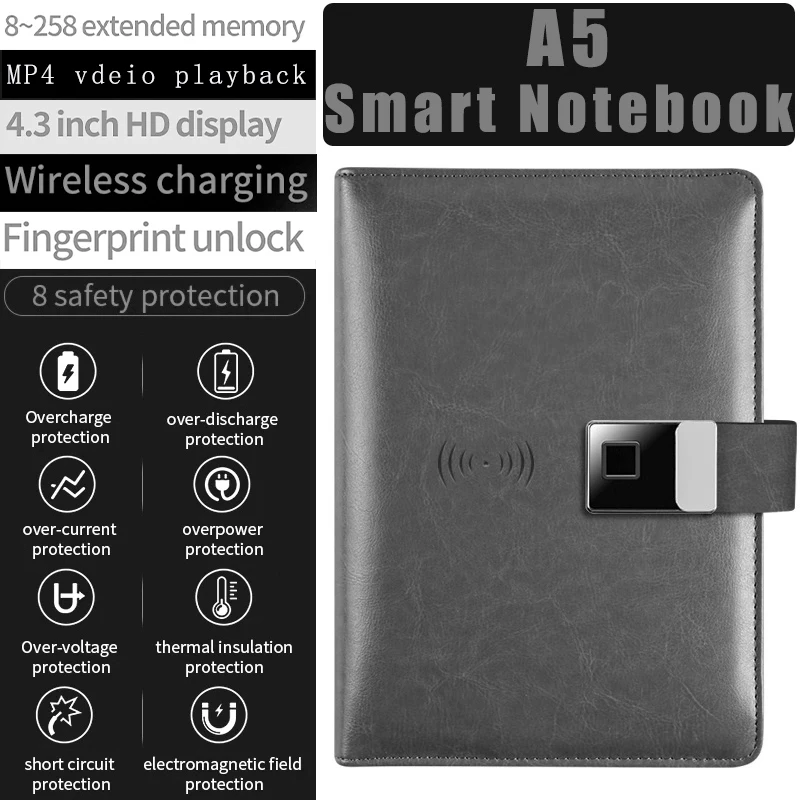 

A5 Smart Notebook with Wireless Charger 10000mAh,Fingerprint Unlock,Card Pocket,Calculator,Vedio Music Player,4.3inch HD Display