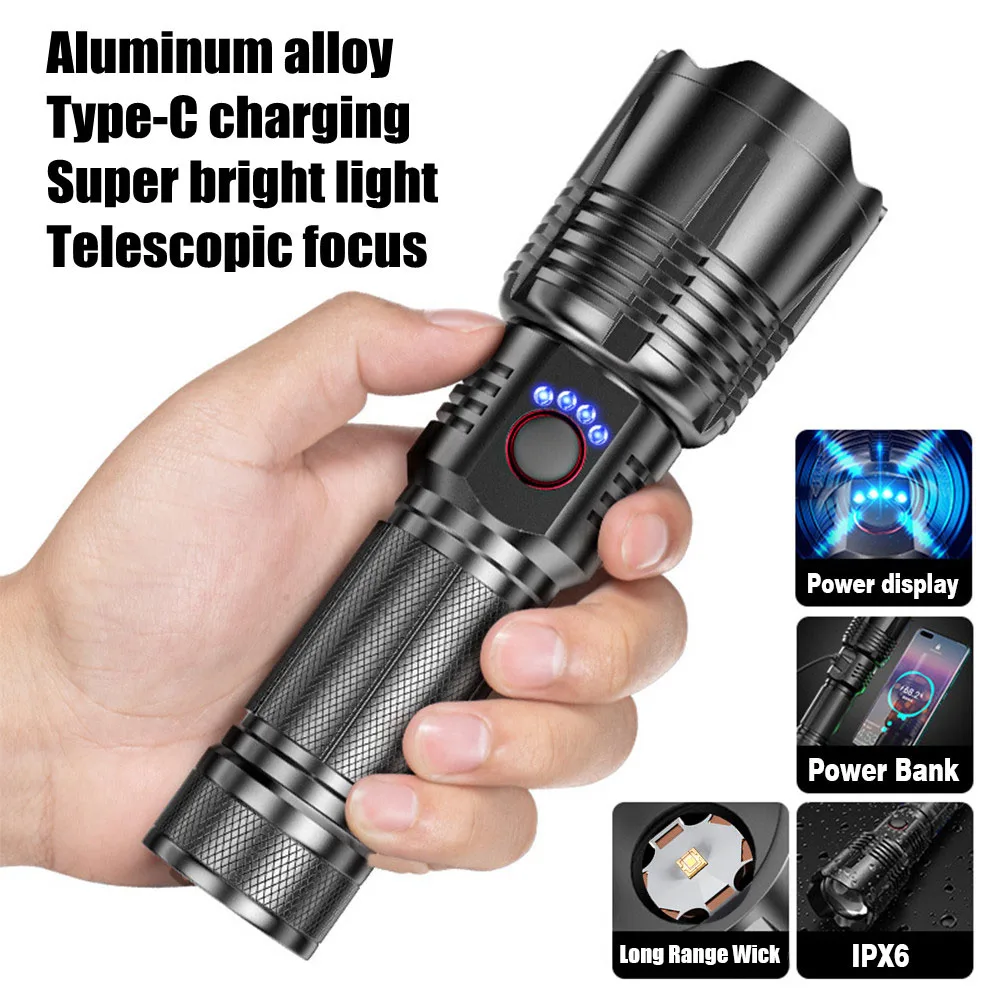 Shot-Range Brightest LED Powerful Flashlight Type-c Smart USB Rechargeable Zoom Tactical Lantern Long Shot Torch as Power Bank