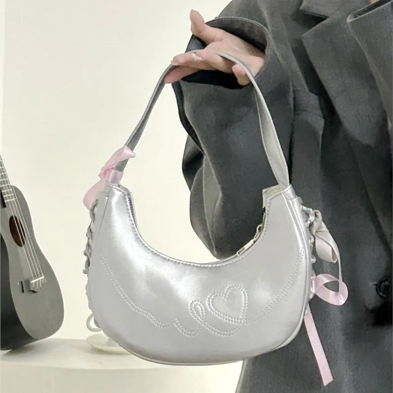 JIAERDI Hot Girls Silver Y2k Underarm Bag Purse Women Versatile Leather Bow Half Moon Bags Ladies Fairy Core Handbag Aesthetic