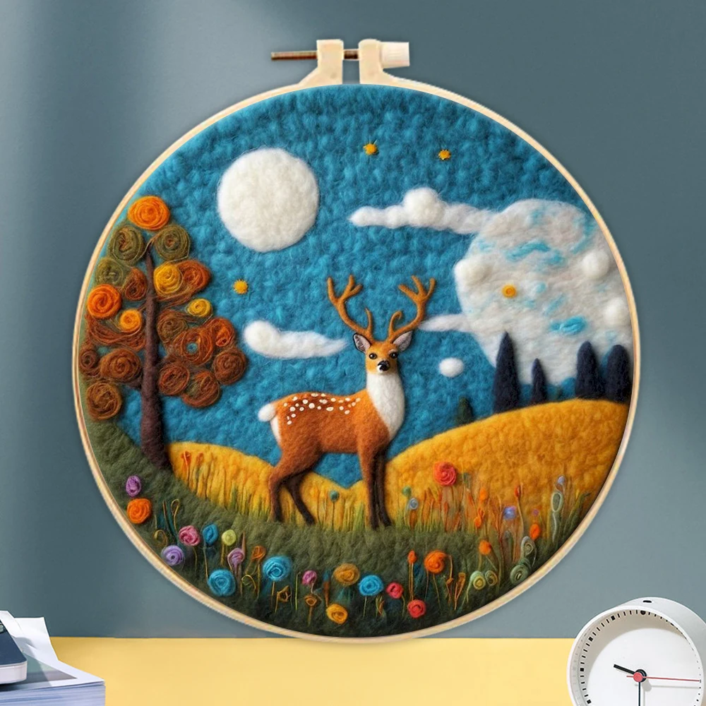Meecaa Kit de feutrage à l'aiguille à faire soi-même pour débutants, oiseaux, animaux, lune, fleur, y compris des fournitures en feutre de laine, des cerceaux à broder, une belle peinture en laine