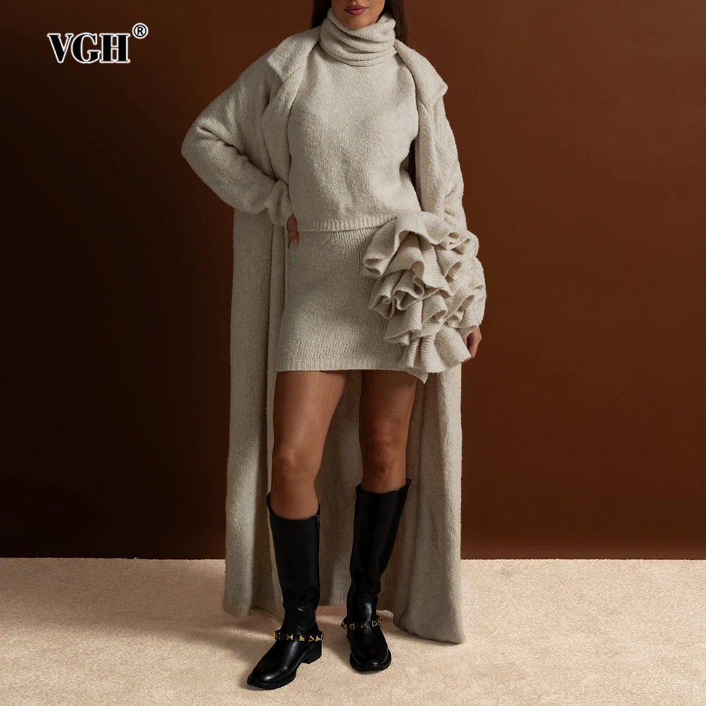 Set Tiga Potong VGH untuk Wanita, Rompi Kerah Tegak, Rok Mini Lipit 3D Berpotongan Tinggi dengan Mantel Cardigan Rajut, Pakaian Wanita