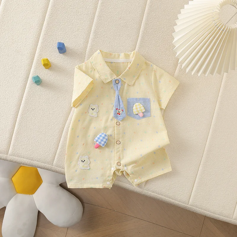 Sommerlicher Baby-Overall im koreanischen Stil mit Teddybär-Kragen, kariert, kurz, für Jungen und Mädchen – Detail 4