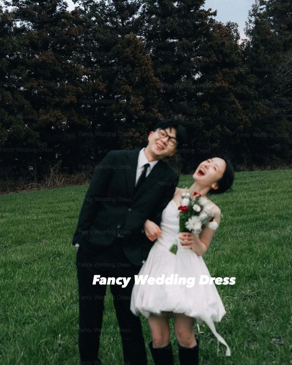 Fancy Korea Spaghetti Trouwjurken Foto's Schieten Taft A-lijn Mini Korte Elegante Bruidsjurken Corset Aangepast