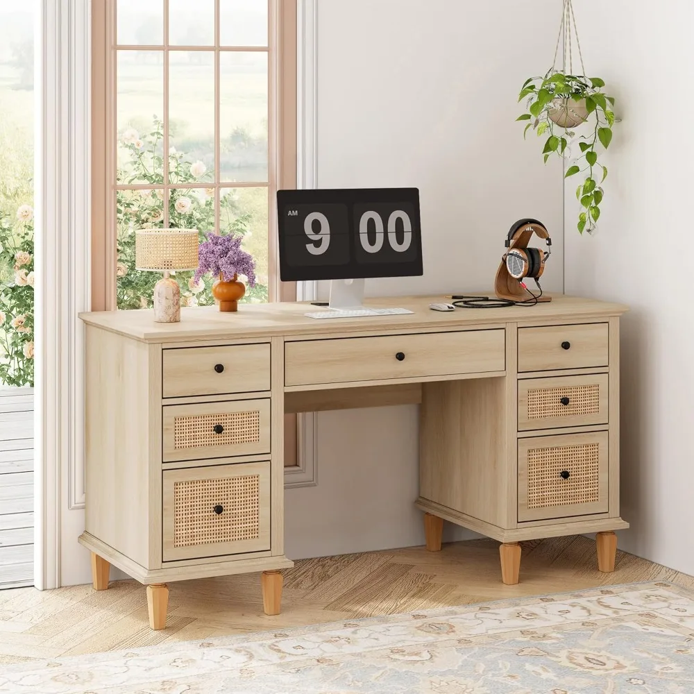 

58'' Wood Executive Desk with 7 Drawers - Modern Natural Rattan Home Office Desks with Charging Station, Large Long Computer De