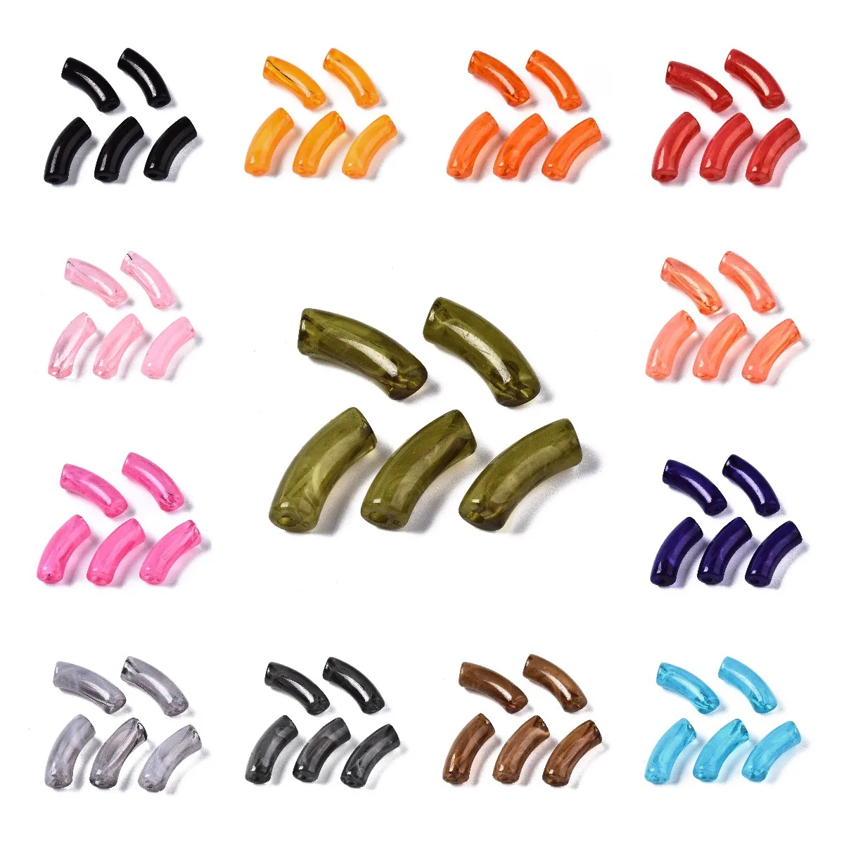 6pcs 20colors Acrylic Beads Curved Tube Loose Spacer Noodle Slide Beads for Bracelet Jewelry Making DIY Findings 34.5x13x11mm