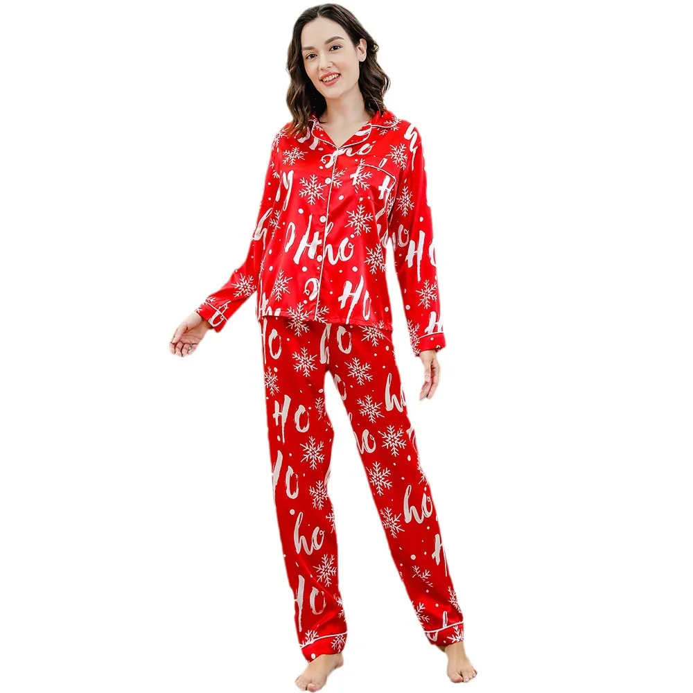Pajamas Set Christmas for Women Color Ding Simulated Silk Snowflake Long Sleeve Women's Pajama Set Sleepwear for Sleeping