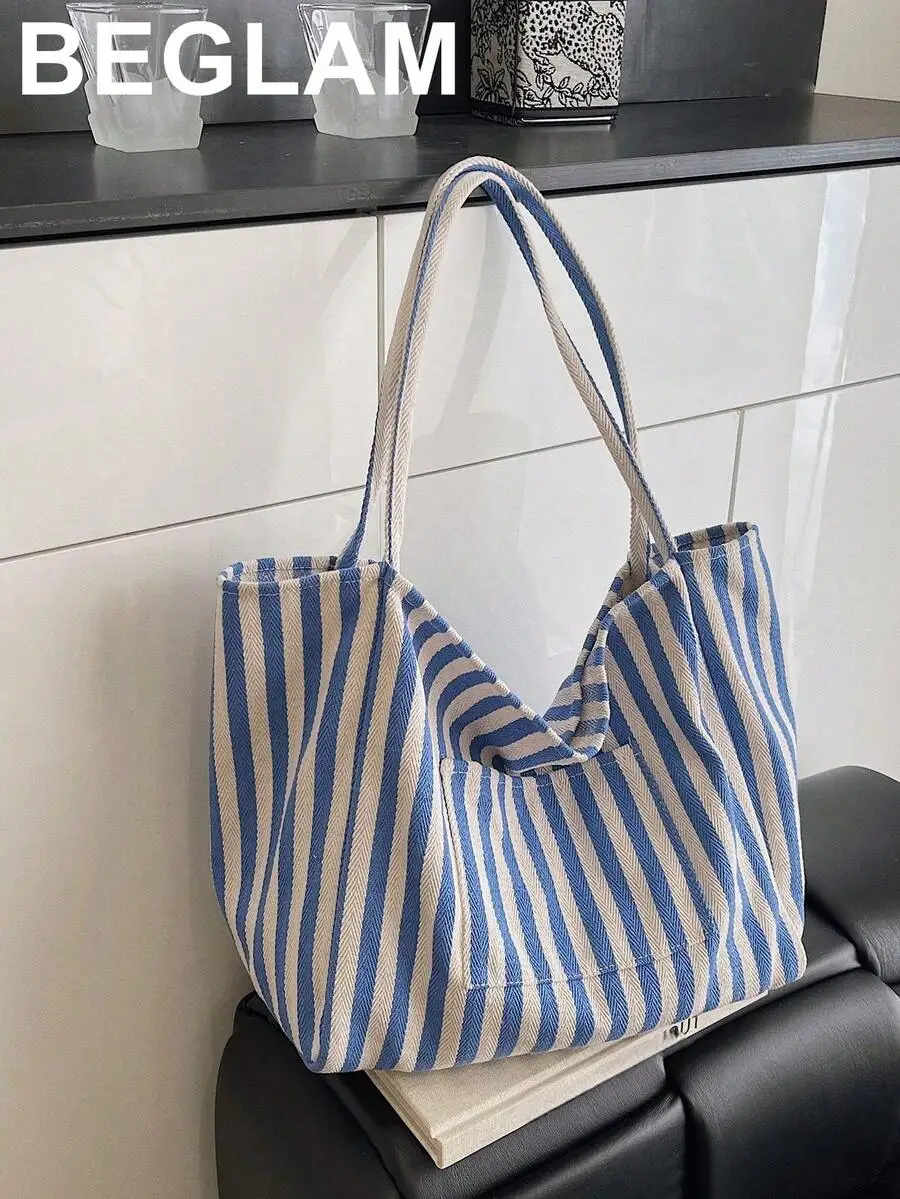 

Blue And Beige Herringbone Stripe Canvas Tote Bag For Women, Lightweight Large Capacity Shoulder Bag Ideal For School, Travel,