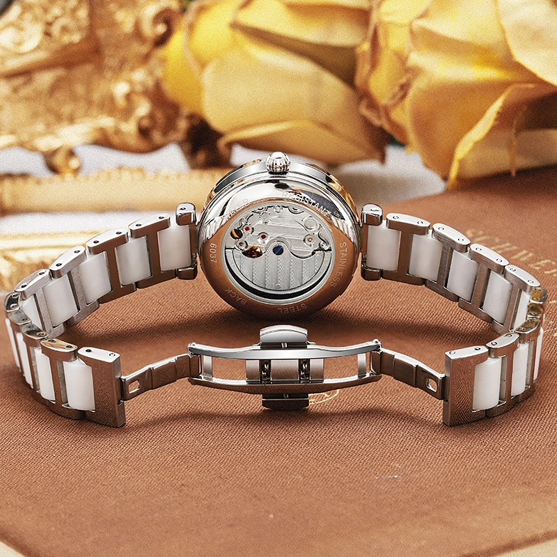 Bolyte relógio mecânico feminino pulseira de aço inoxidável lua fase dial senhoras relógio de pulso auto-liquidação moda relogios femininos