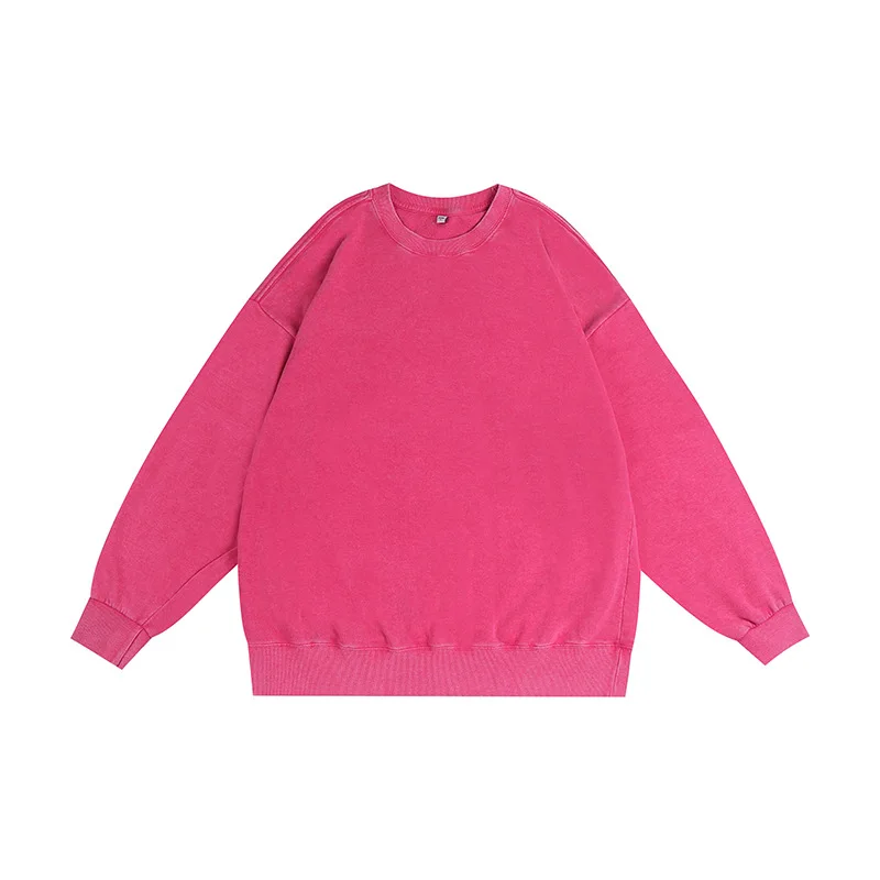 High Street rétro Batik grande taille épaule tombante couleur unie porté lavé hommes et femmes Hip Hop ample américain col rond pull