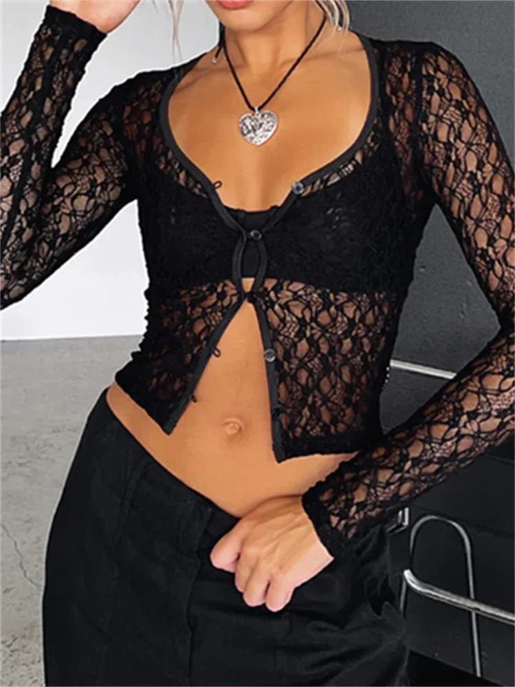 كرونستيل-تيشيرتات نسائية أنيقة شفافة من خلال الدانتيل ، سترات صوفية بأكمام طويلة ، تيشيرتات كاجوال بأزرار للأعلى ، ملابس الشارع الشهير ، الربيع ، الصيف