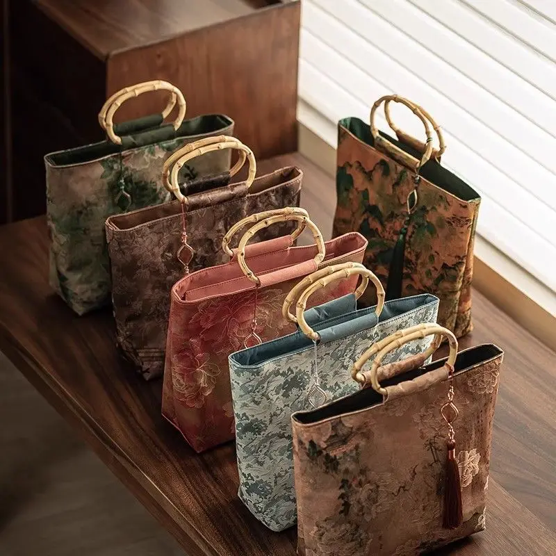 

Ароматная облачная пряжа, ручная большая сумка в древнем стиле, большая вместительная сумка, женская сумка в китайском национальном стиле, сумка с бамбуковой ручкой