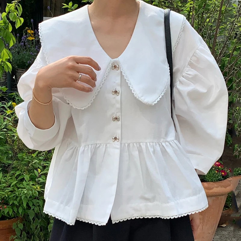 

Korean Fashion Blouses Peter Pan Collar Three Quarter Sleeve Lcee Patchwork Shirts Design Loose Tops All Match Women's Clothing