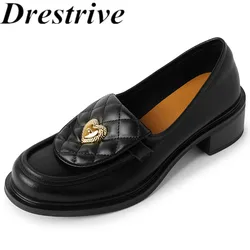 Drestrive 2024 New Arrival Cow Leather Round Toe Thick Mid Heel Metal Heart Women's Pumps Real Leather Loafers Handmade