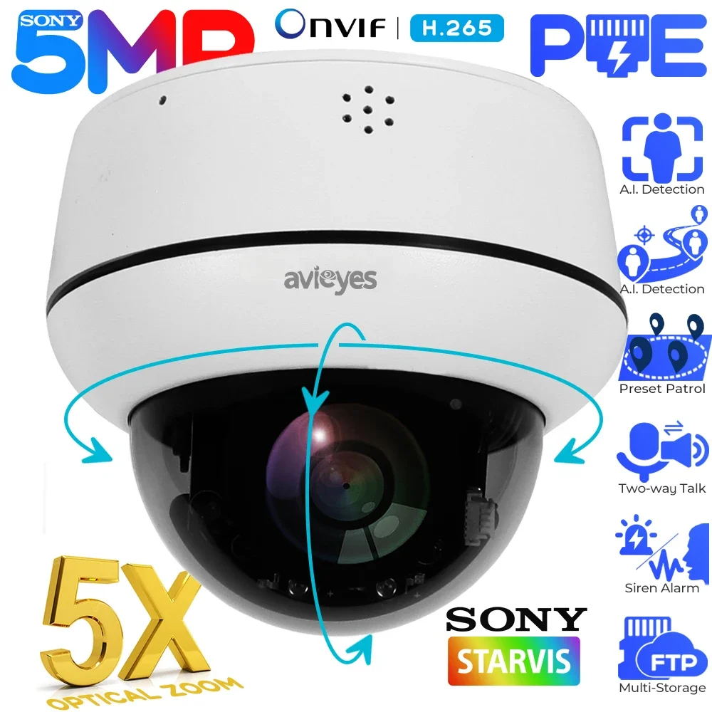 5MP Dome IP Camera Outdoor 5X Optical Zoom PoE PTZ Auto Tracking Security Camera 2-Way Talk IR Night Vision Surveillance Cameras