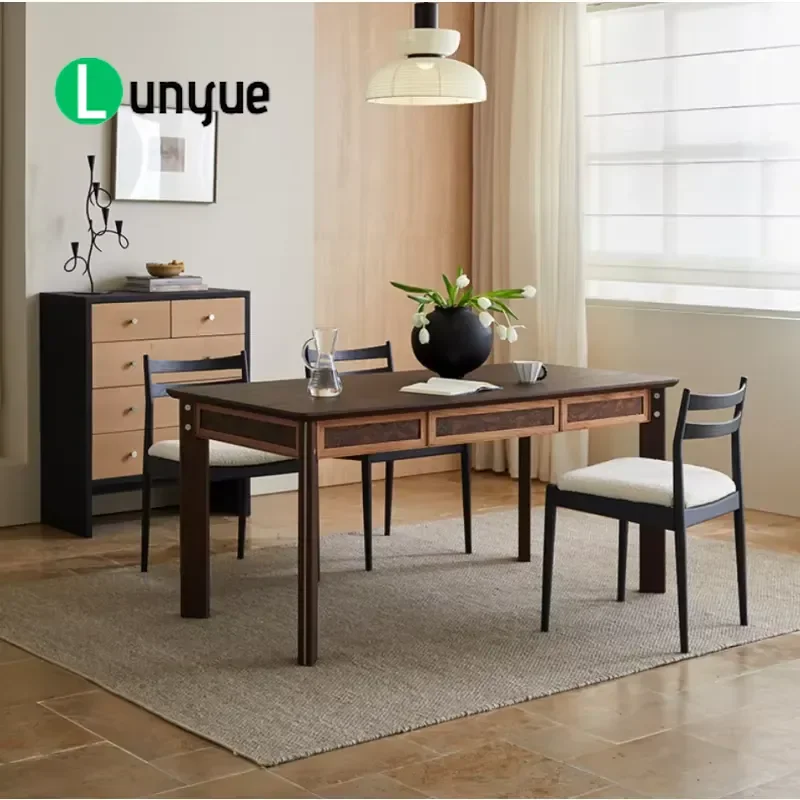 Modern European Solid Wood Dining Table Red Oak Chocolate Finish Durable 6 Seater Dining Room Furniture