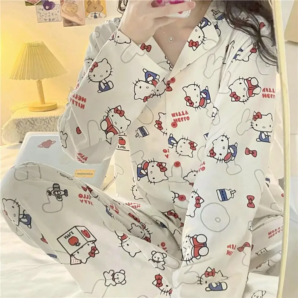 Anime Hello Kitty 2Pcs Pajamas Set Sanrioed Cinnamoroll Kawaii for Women Kt Cat Long Sleeve Tops Pants Loungewear Homewear Sweet