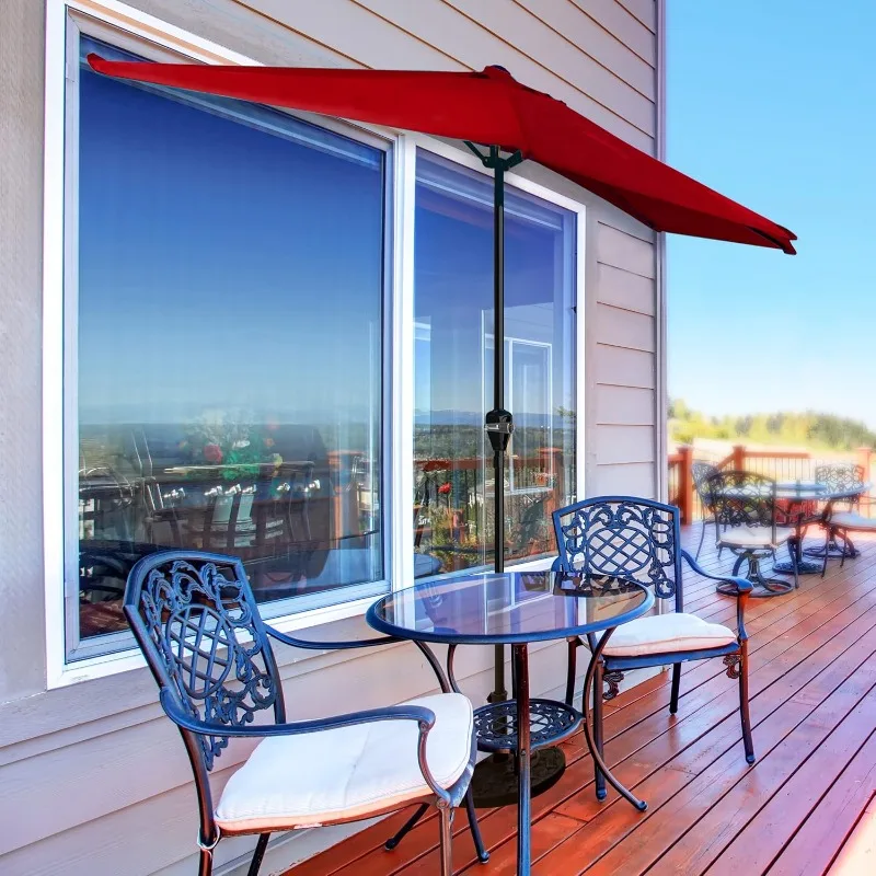 Sombrilla roja de 9 pies para patio, fácil elevación con manivela, dosel compacto para balcón y terraza pequeños, sombra de mesa al aire libre para jardín y piscina