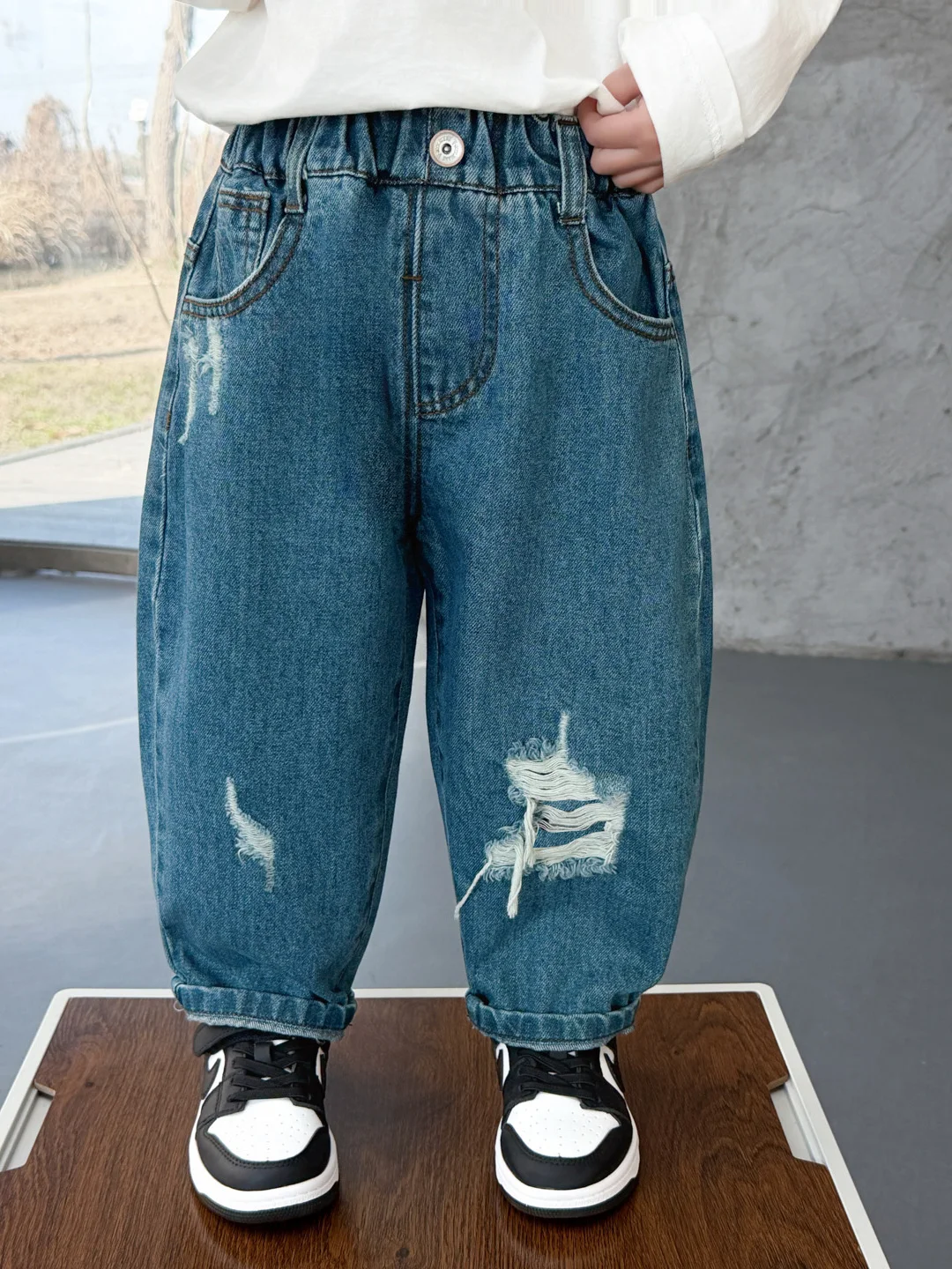 

Spring Autumn Boys Jeans Loose Long Pants Casual Knife Hole Children's Denim Spring New Sle High Waist Cotton Blend