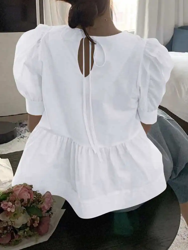 Women Tops Elegant OL Office Shirts 2024 VONDA Summer Casual Half Sleeve Crew Neck Pleated Loose Solid Blouse Blusas Femininas