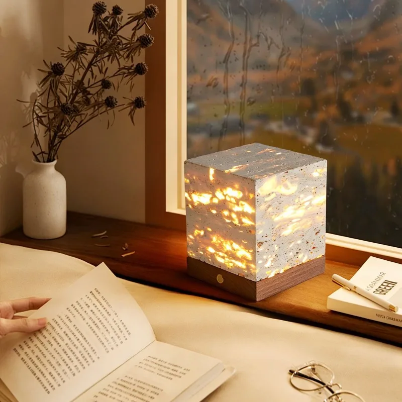 Travertine table lamp, creative personality Rubik's cube atmosphere lamp, desktop ornament rechargeable bedroom bedside