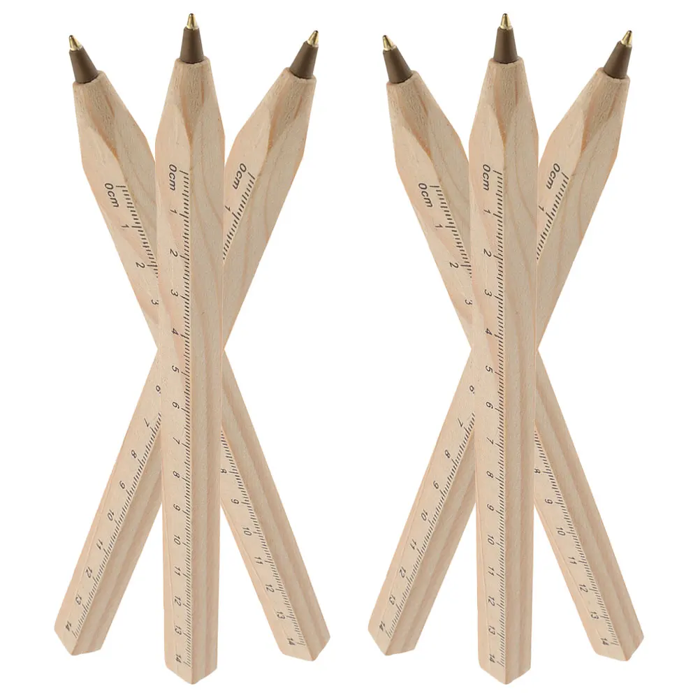 

6pcs Solid Wood Ballpoint Pen Black Writing Stationery Carpenter Construction DIY Craftsmanship Tools Ruler Function Ballpen