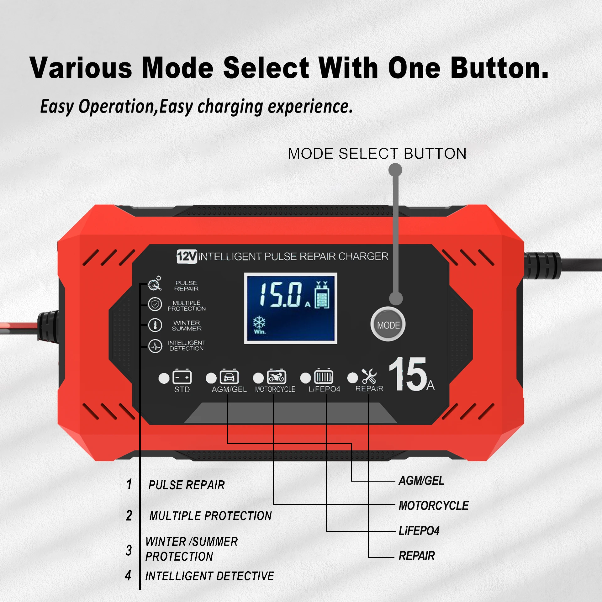 12V 15A Car Battery Charger LCD Display Portable Smart Charger for Auto Motorcycle Truck Lead Acid AGM GEL EFB LiFePo4 Batteries