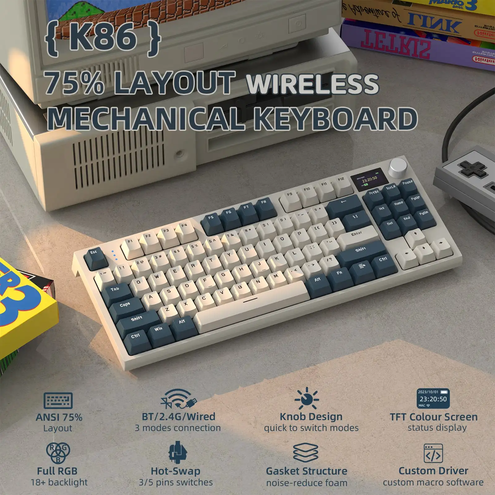 ATTACK SHARK K86 Smart Screen Mechanical RGB Wireless Gaming Keyboard,75% Layout,Tri-Mode Hot-Swap, Rechargeable Battery &Gasket