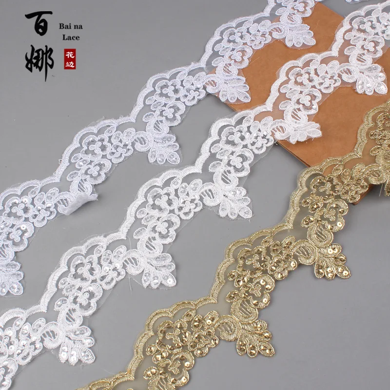 2Yards 8cm wide Exquisite Gold Ivory Cording Lace Embroidery Lace Dress Home Textile Sequin Triming Dance Clothes DIY Materail