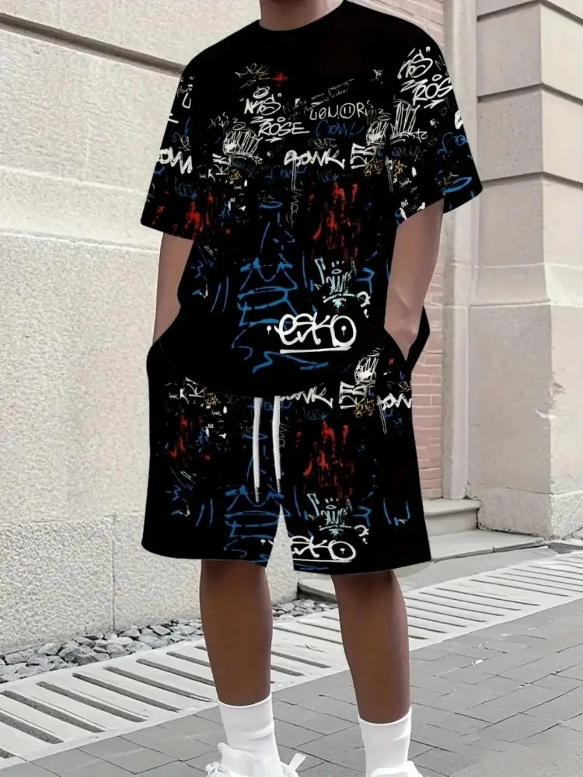2025 New Men's Short Sleeve Set Personalized Graffiti Printed Shorts Set Outdoor Urban Trend Short Sleeve Top Shorts Casual Shor