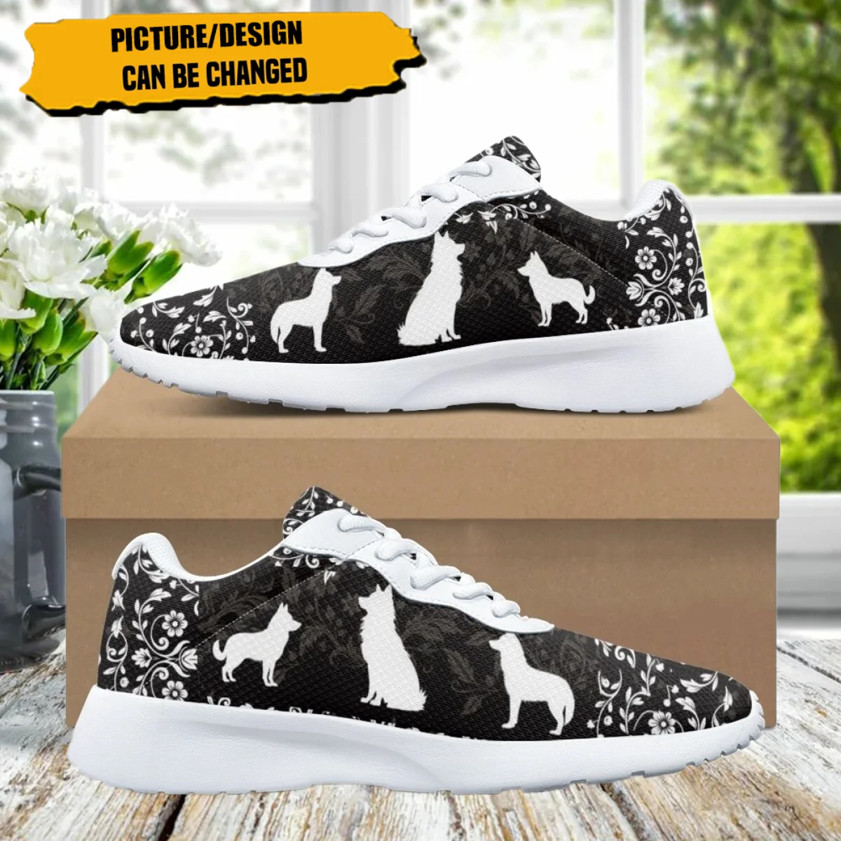 Zapatillas de deporte antideslizantes con estampado de perro y flores para mujer, zapatos informales cómodos con absorción de golpes, diseño de lujo, moda para exteriores